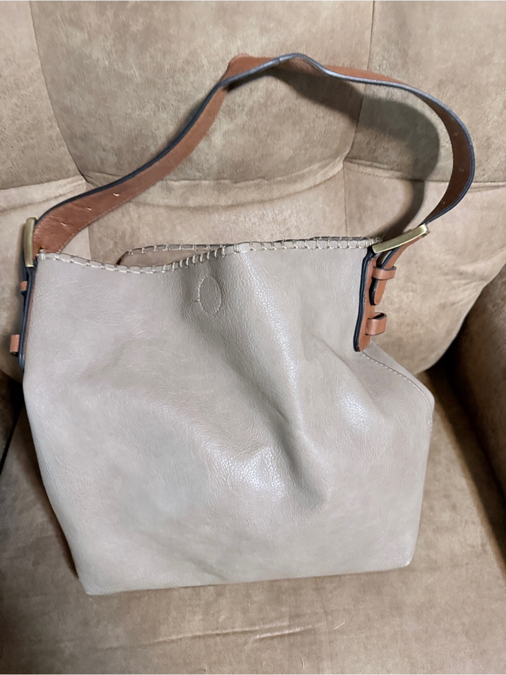 Classic Beige Leather Shoulder Bag with Tan Strap